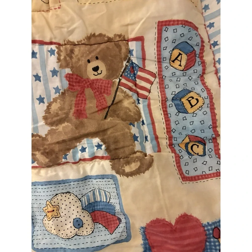 VTG Baby Crib Blanket Bears Flag Toys Blocks Hobby Horse Stars Blue Red Yellow